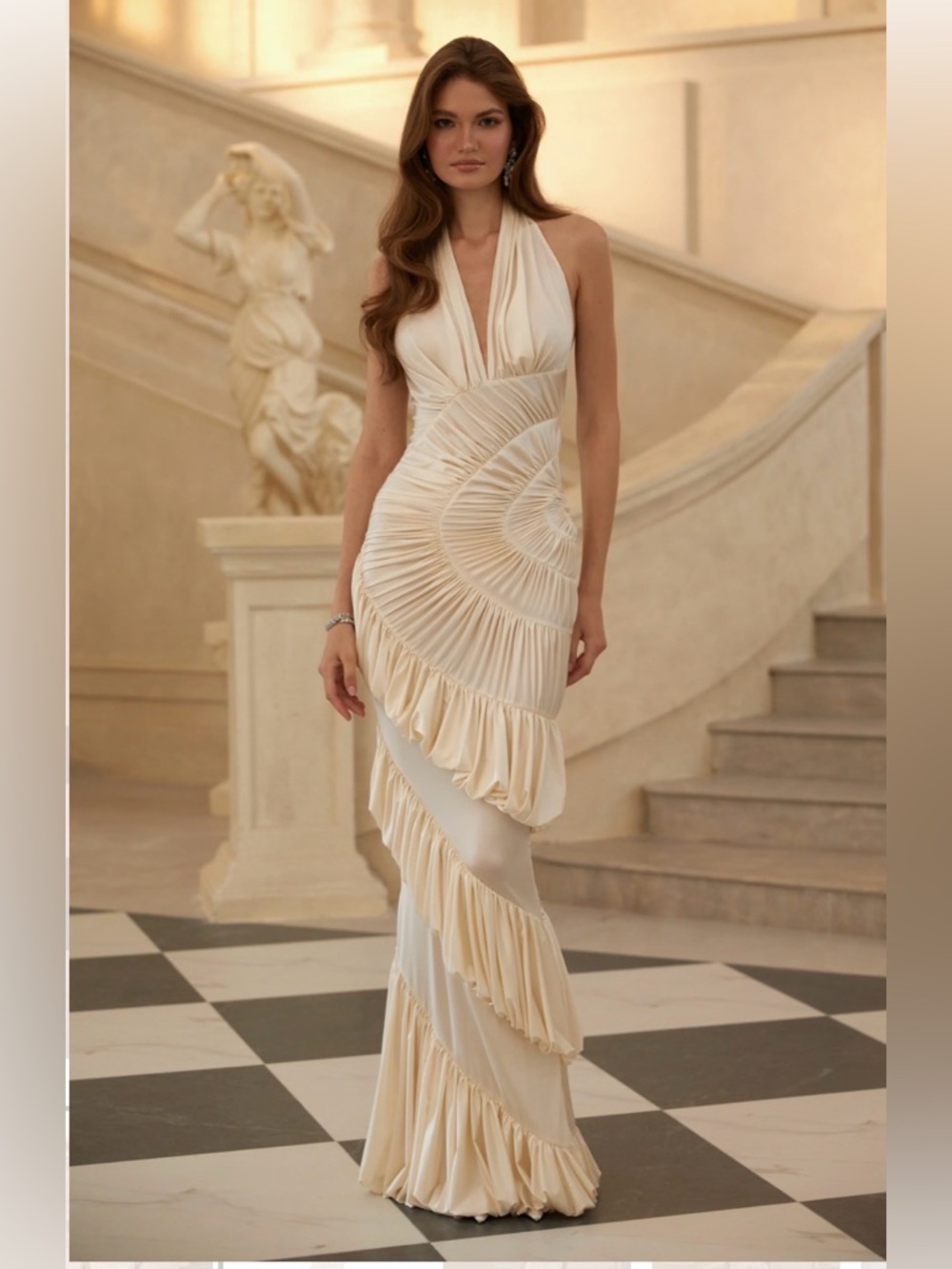 Miss Rosier Vilhelmiina Cream White Halterneck Shirred Maxi Dress - Small - NWT